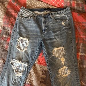 Judy Blue Medium Blue Distressed Boyfriend Jeans with Gingham Patchwork